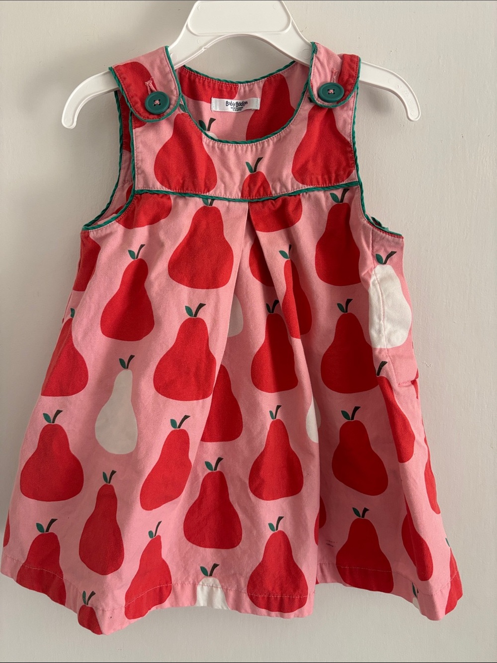 Baby Boden Pink and Red Pear Print Pinafore Jumper